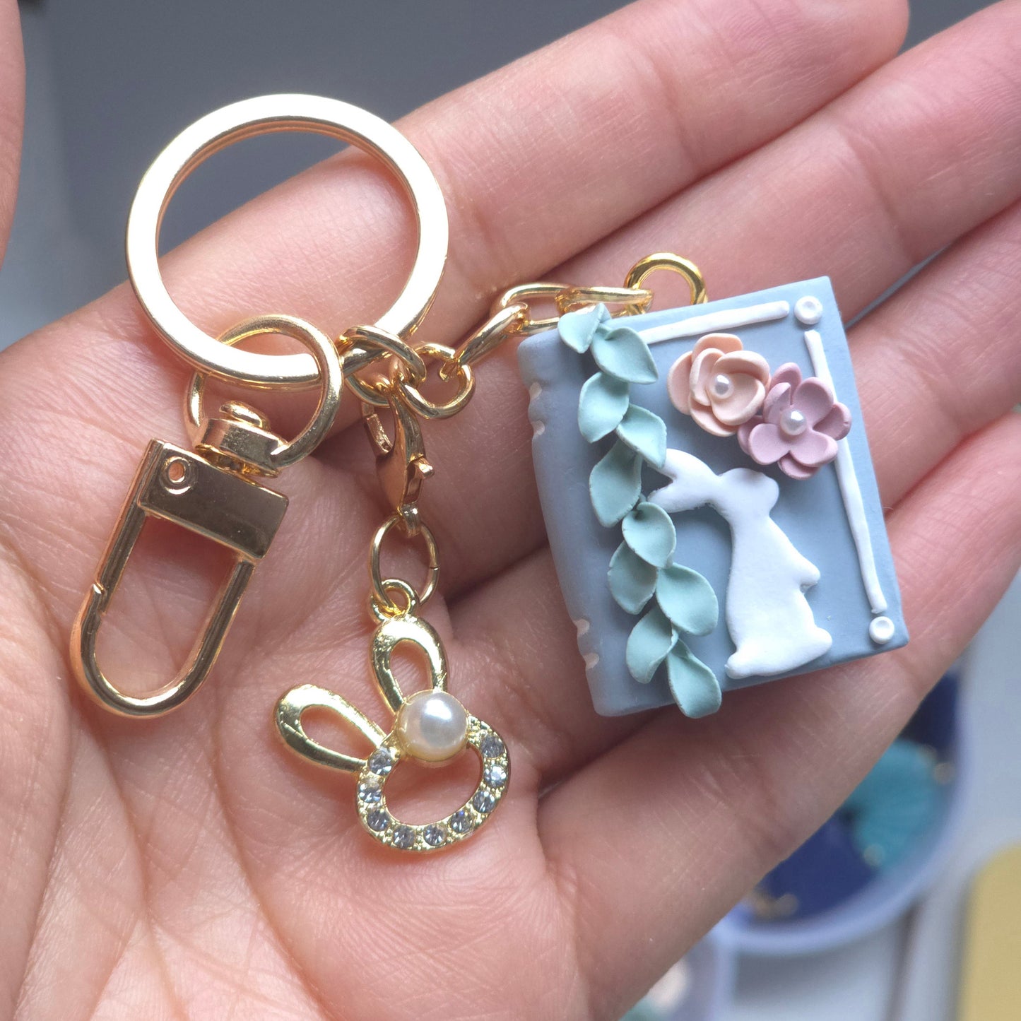 Bunny Bloom Pastel Book Customizable Keychain Charm