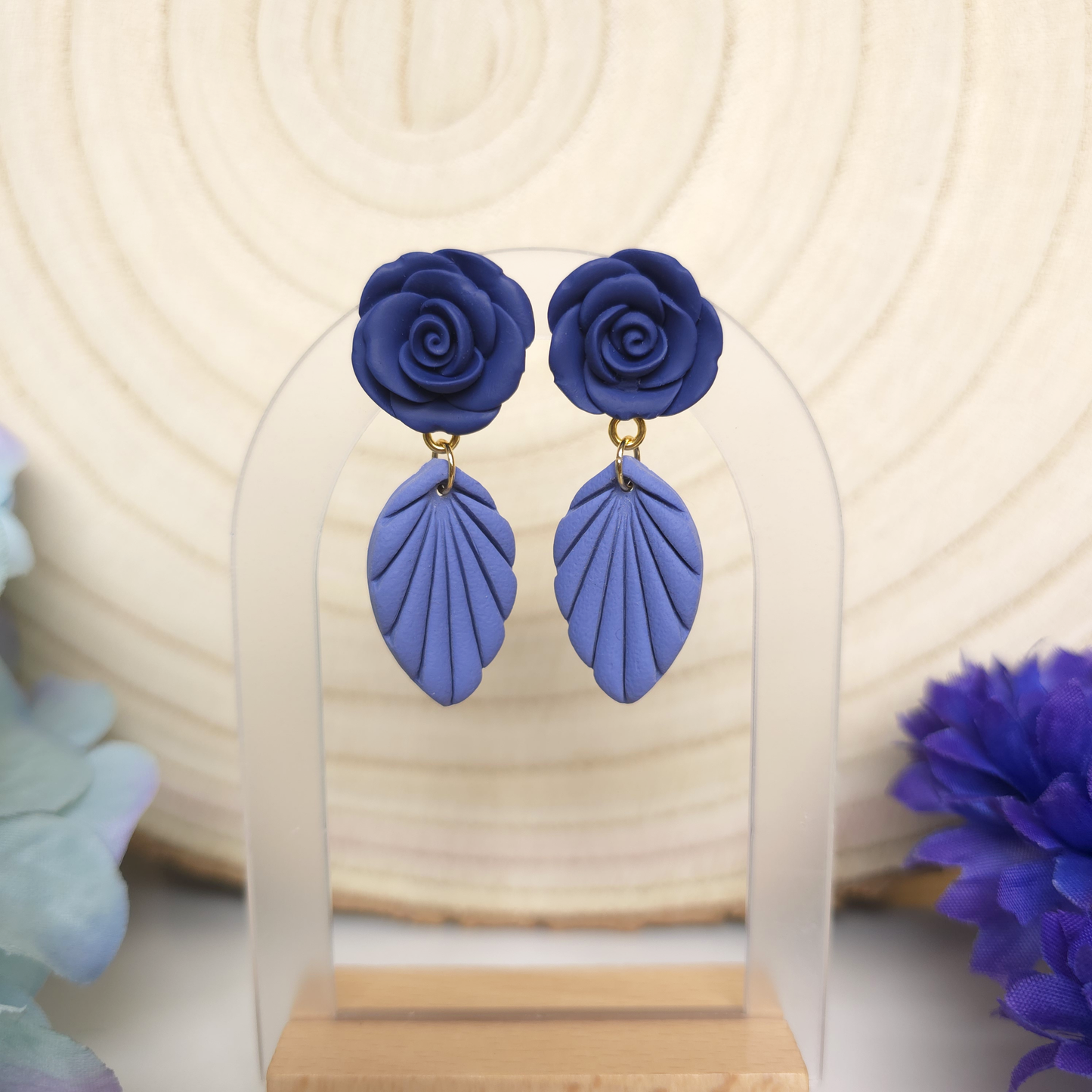 Blue Rose and Leaf Dangle Earring
