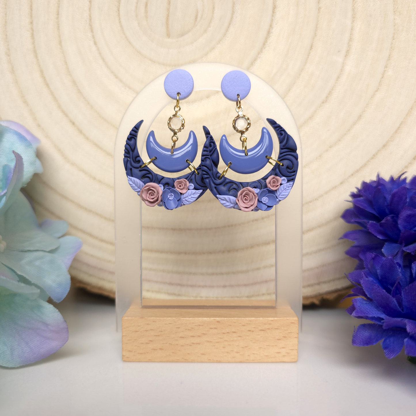 Floral Crescent Moon Dangle Earring
