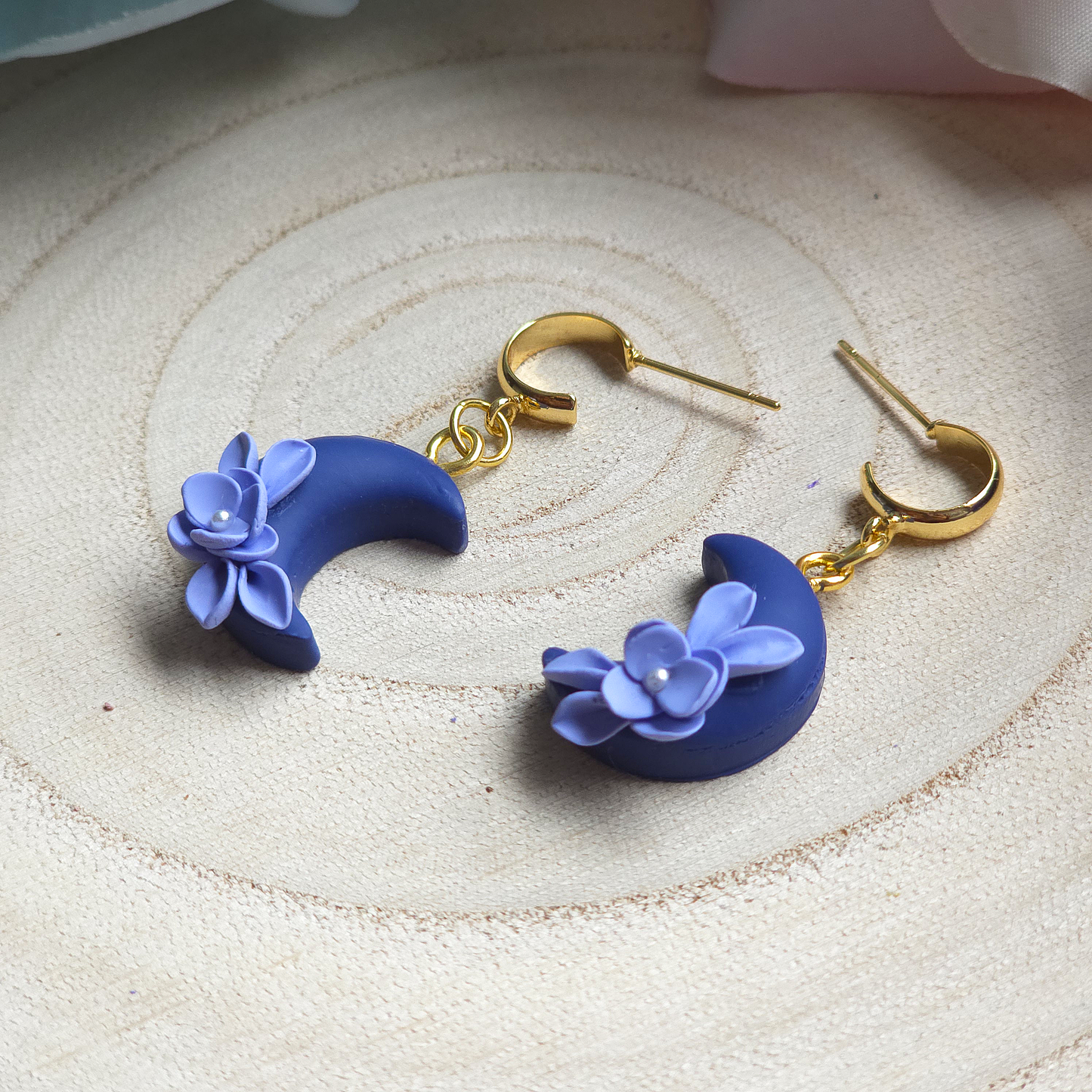 Mini Blue Floral Moon Drop Earring