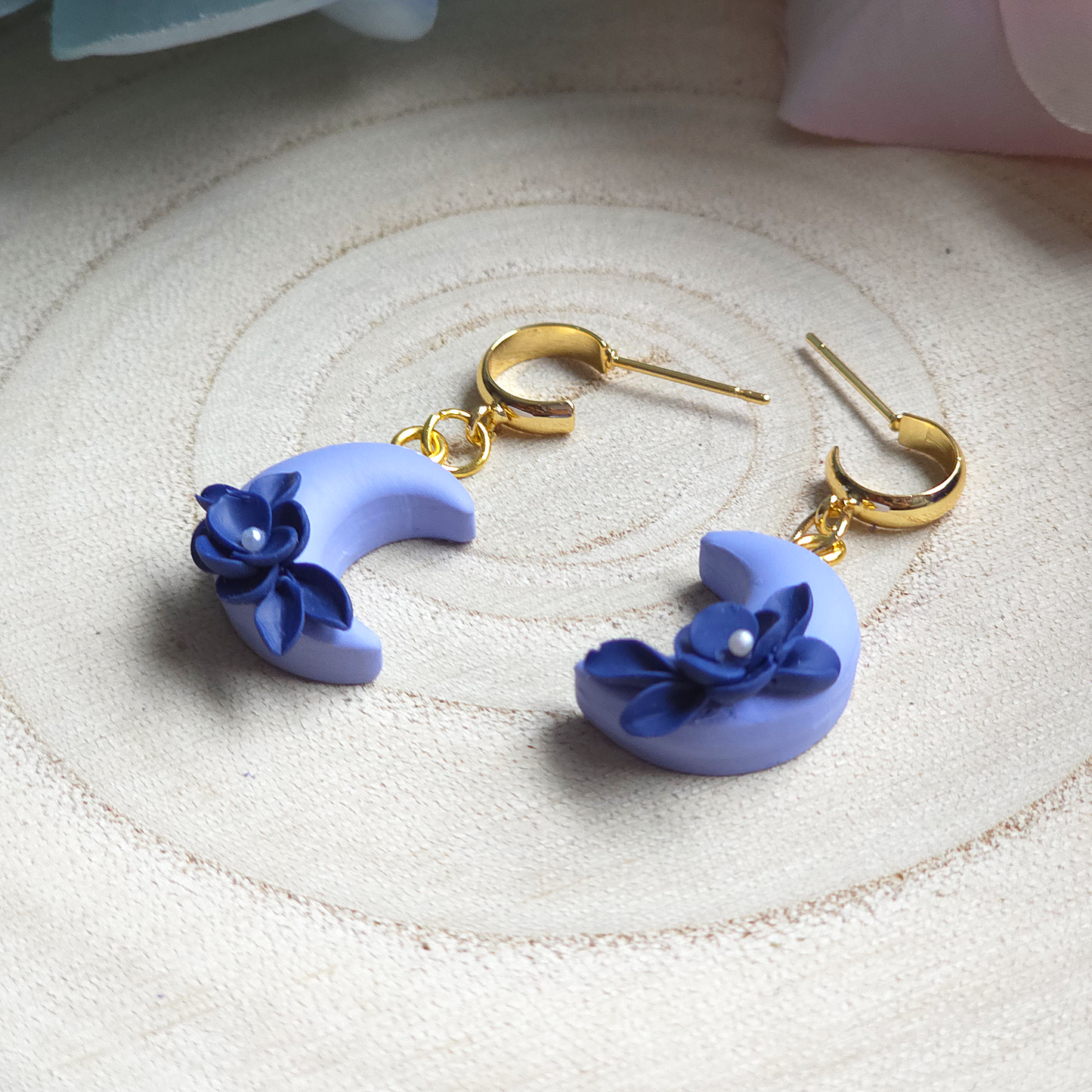Mini Light Blue Floral Moon Drop Earring