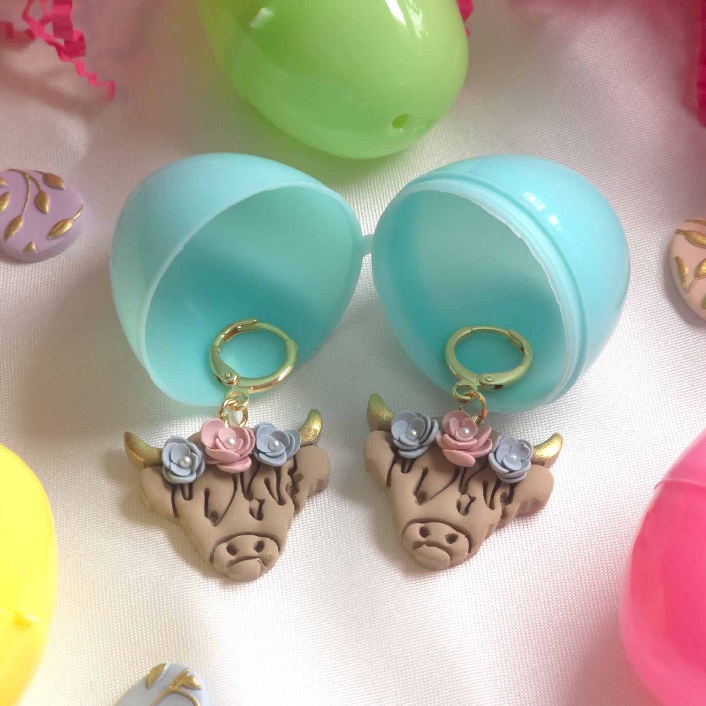 Floral Highland Cow Drop Earrings
