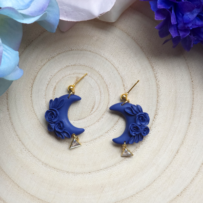 Blue Floral Moon Drop Earring