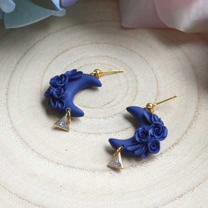 Blue Floral Moon Drop Earring