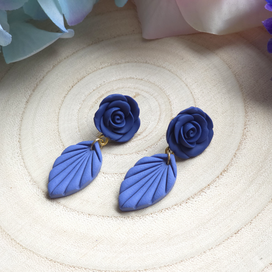 Blue Rose and Leaf Dangle Earring