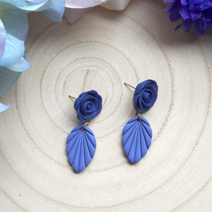 Blue Rose and Leaf Dangle Earring