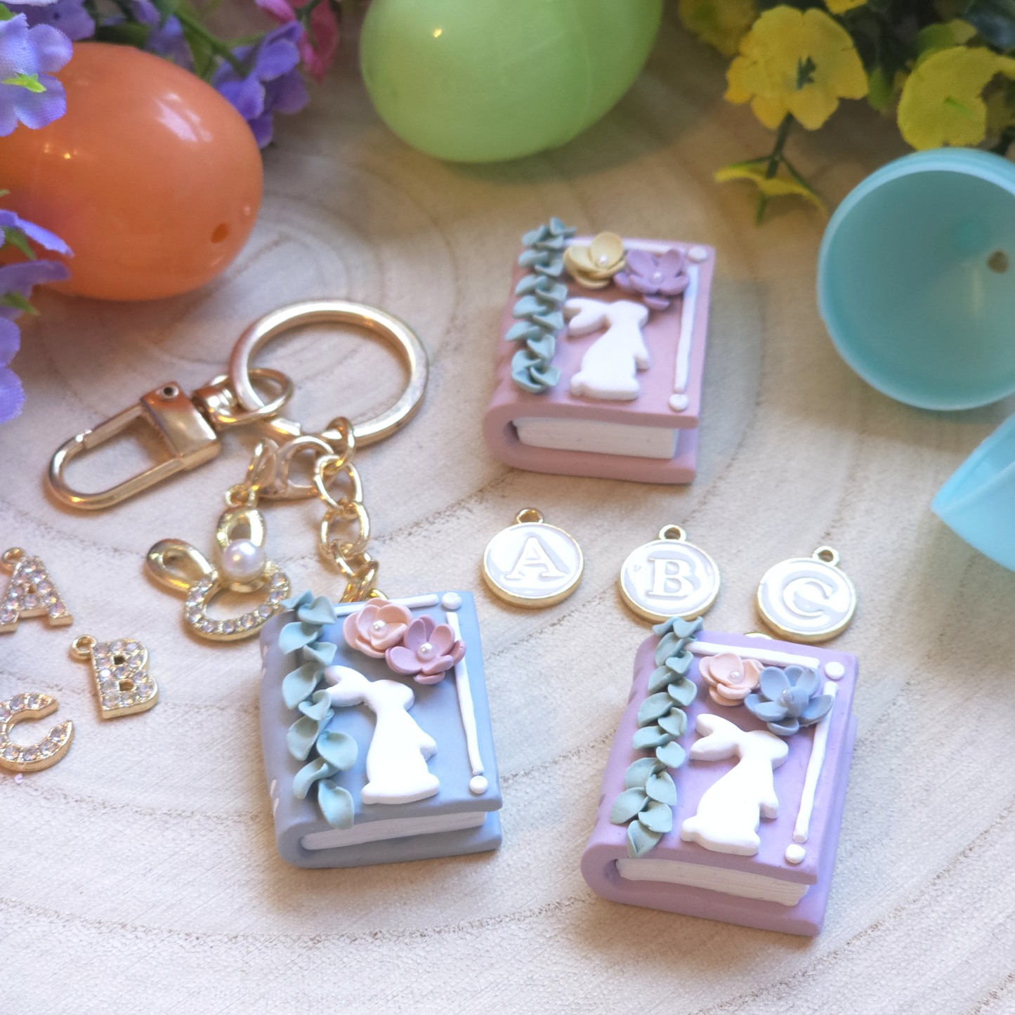 Bunny Bloom Pastel Book Customizable Keychain Charm