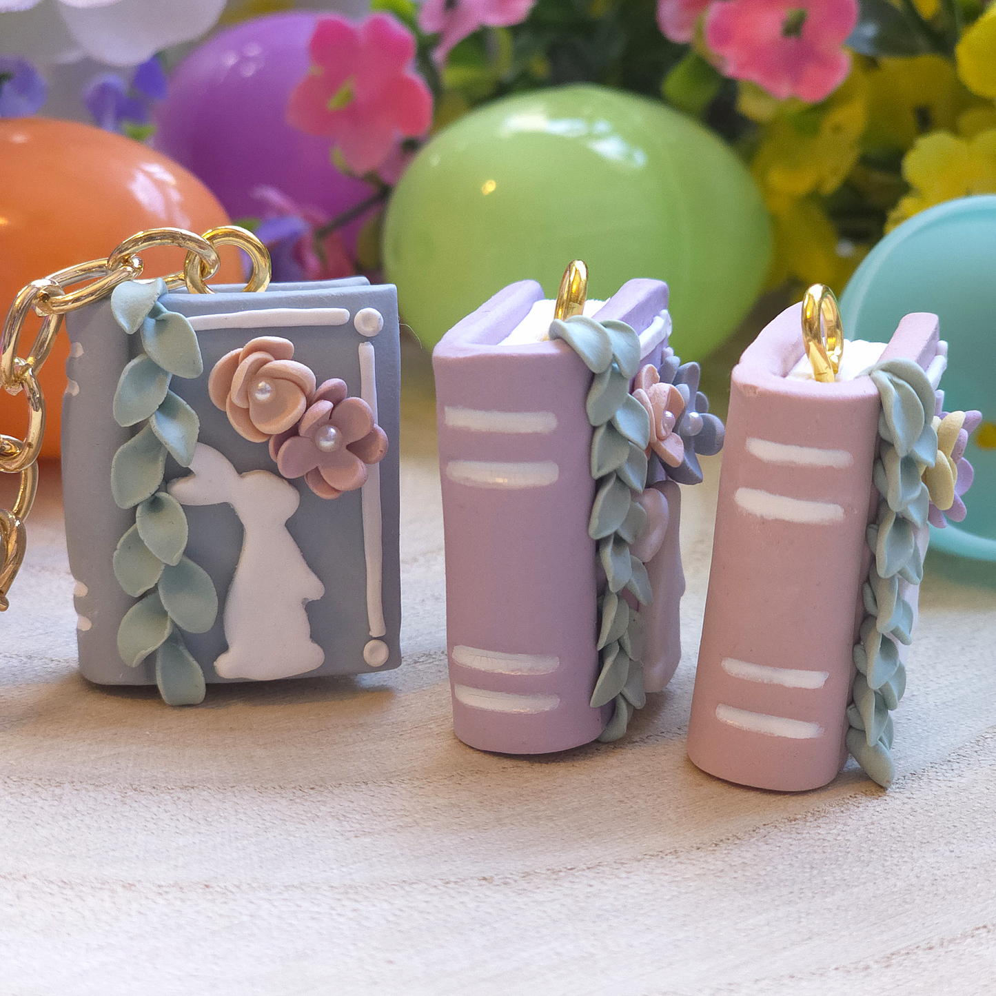 Bunny Bloom Pastel Book Customizable Keychain Charm
