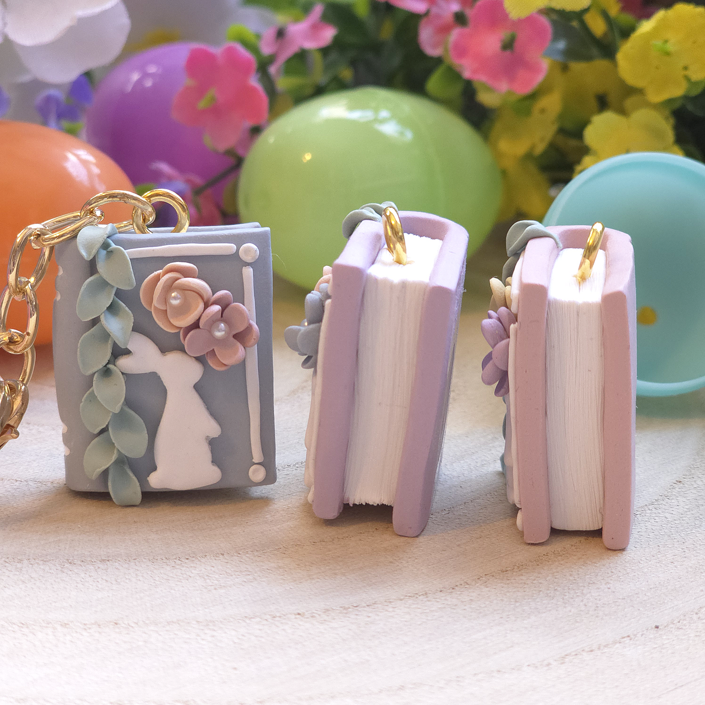 Bunny Bloom Pastel Book Customizable Keychain Charm