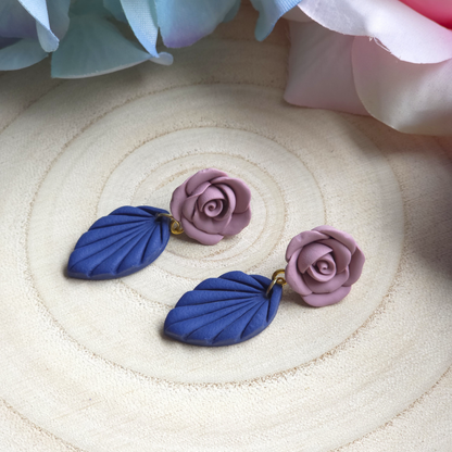 Dusty Pink Rose and Leaf Dangle Earring