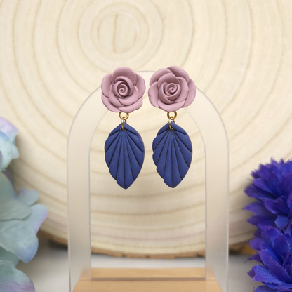 Dusty Pink Rose and Leaf Dangle Earring