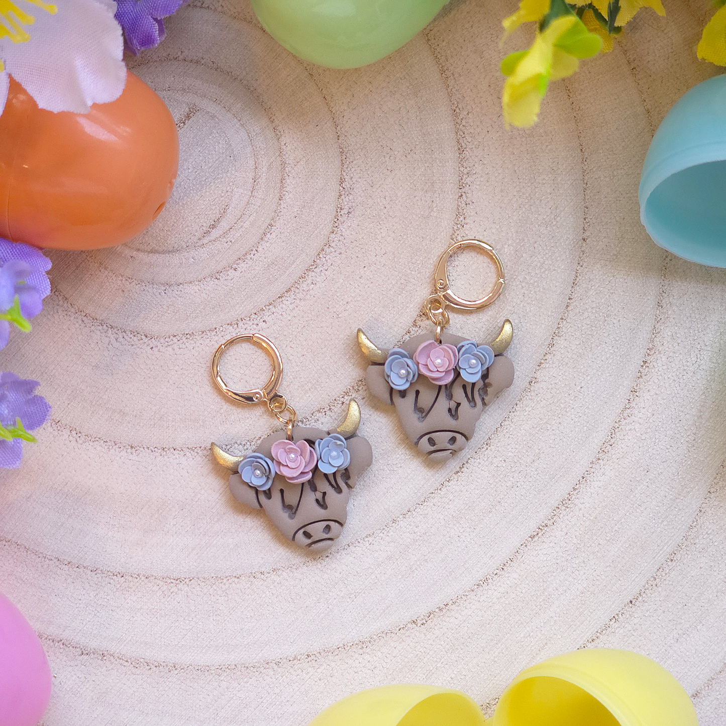 Floral Highland Cow Drop Earrings