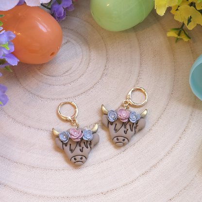 Floral Highland Cow Drop Earrings