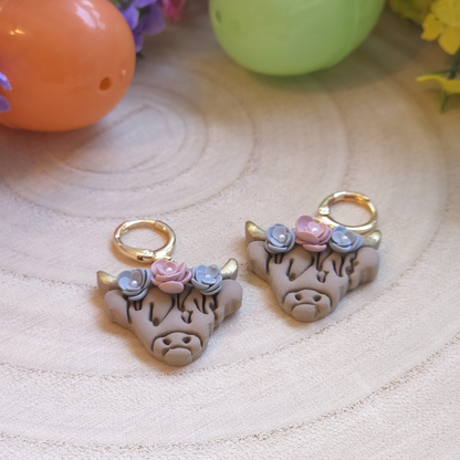 Floral Highland Cow Drop Earrings