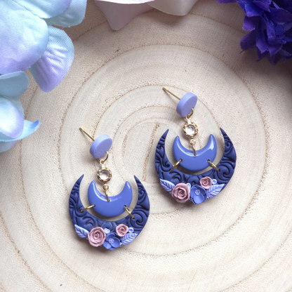 Floral Crescent Moon Dangle Earring