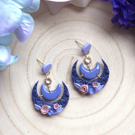 Floral Crescent Moon Dangle Earring