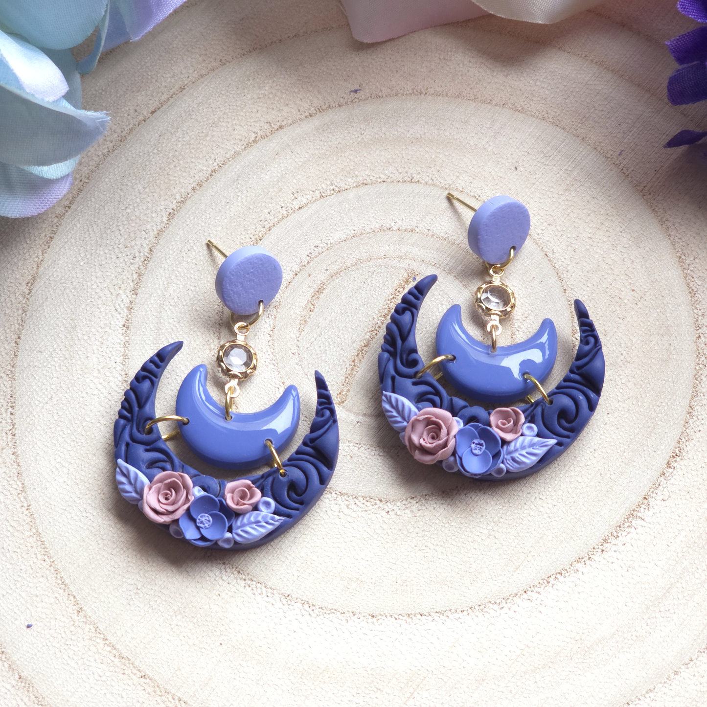 Floral Crescent Moon Dangle Earring