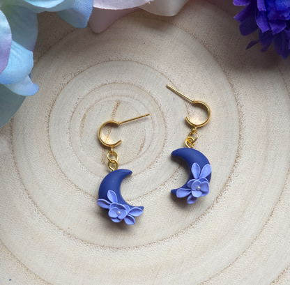Mini Blue Floral Moon Drop Earring