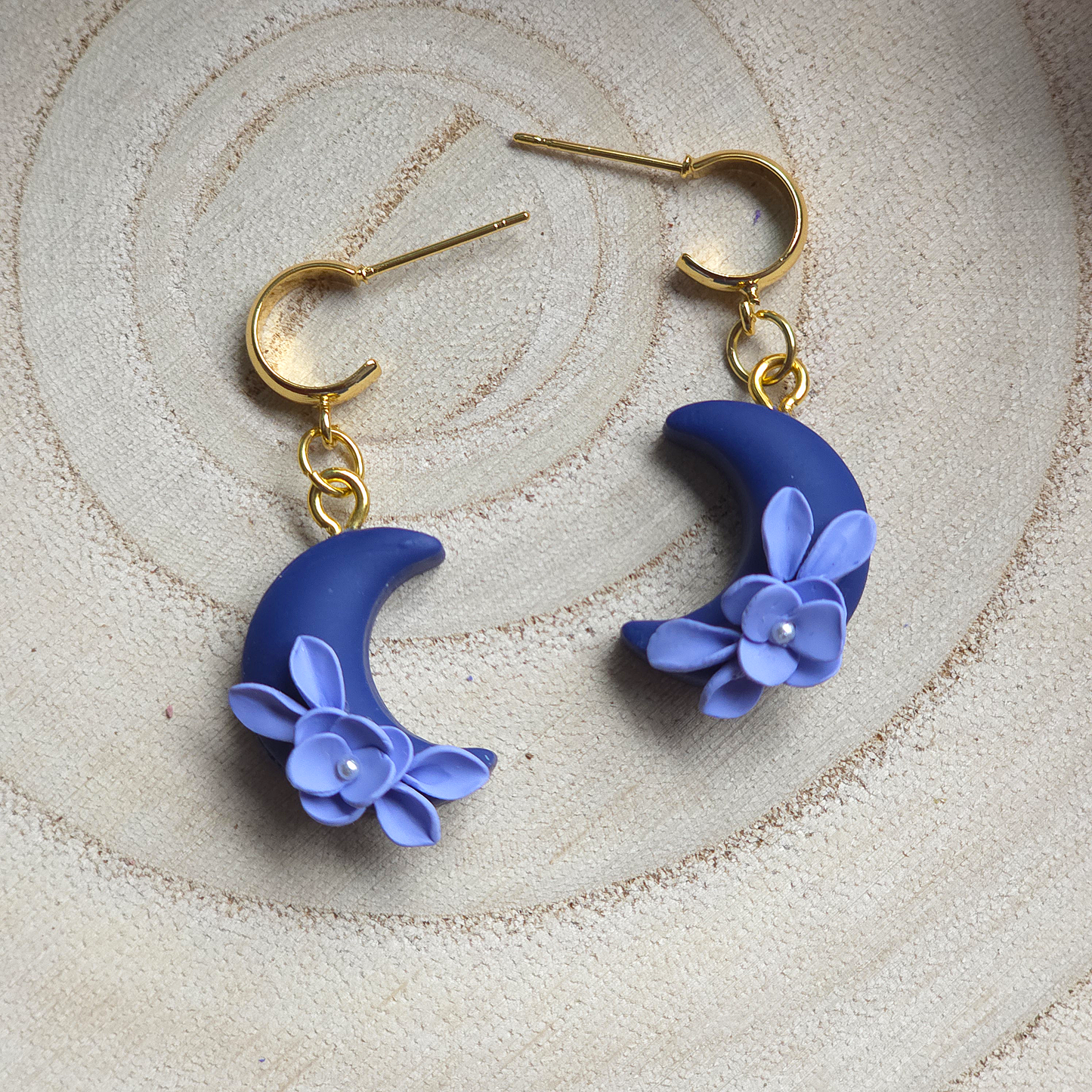 Mini Blue Floral Moon Drop Earring