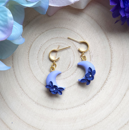 Mini Light Blue Floral Moon Drop Earring