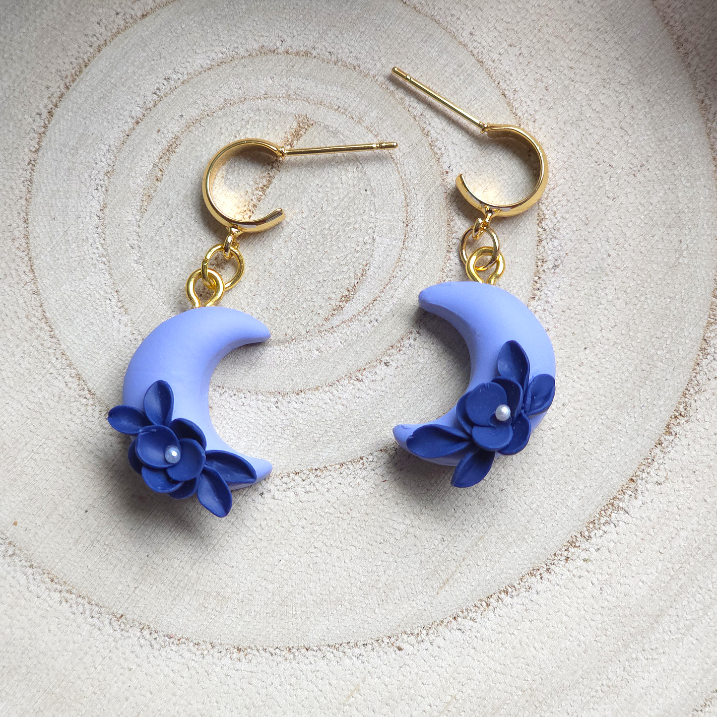 Mini Light Blue Floral Moon Drop Earring