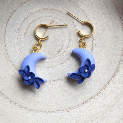 Mini Light Blue Floral Moon Drop Earring