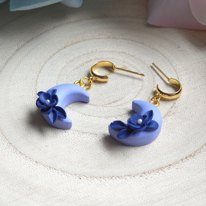 Mini Light Blue Floral Moon Drop Earring