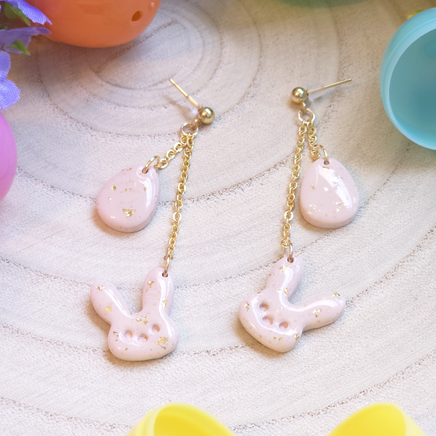 Pastel Peach Bunny and Egg Dangle Earring